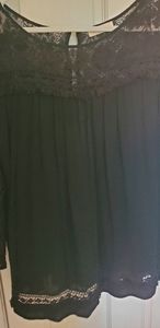 Umgee Black Blouse with Lace and Fringe accents